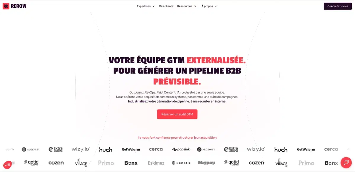 Page d'accueil de Rerow, agence GTM et prospection outbound B2B