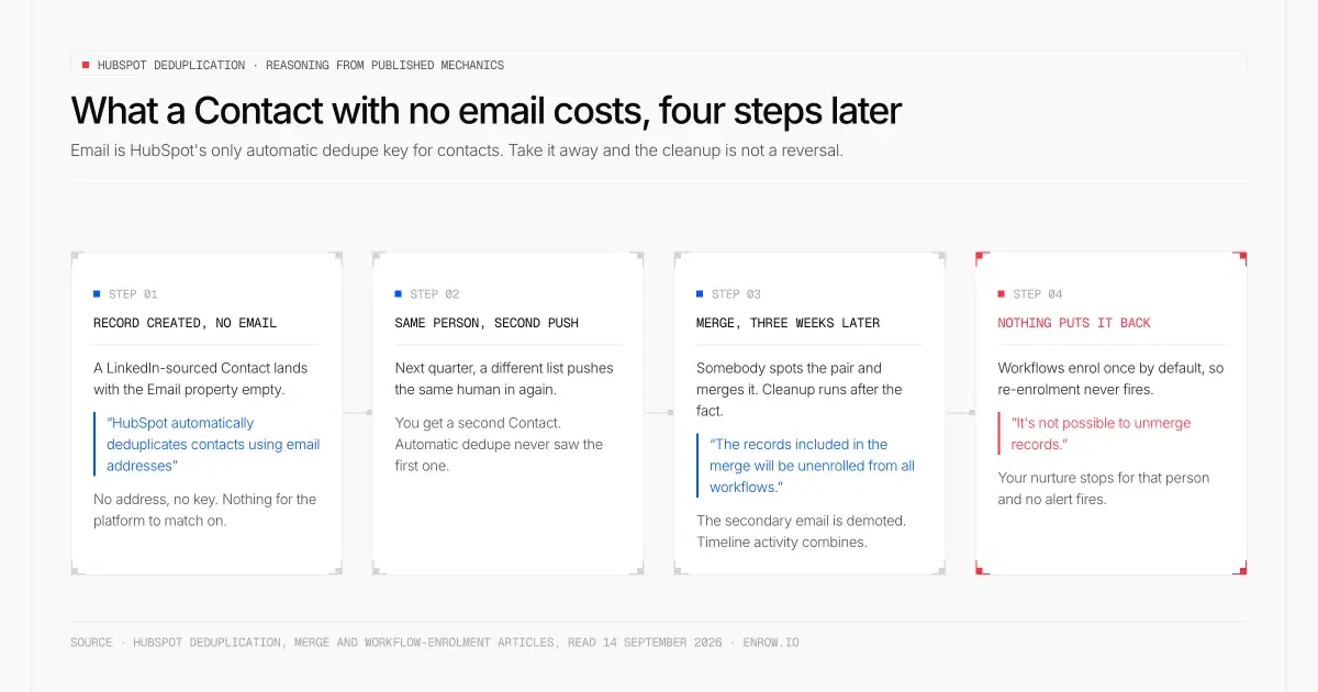 Vierstufige Kette: ein aus LinkedIn angelegter HubSpot-Kontakt mit leerer Email-Property, ein zweiter Push, der eine Dublette erzeugt, weil HubSpot Kontakte über die E-Mail-Adresse dedupliziert, ein Merge drei Wochen später, der beide Datensätze aus allen Workflows abmeldet, und ein letzter Schritt mit dem Hinweis, dass Workflows standardmäßig nur einmal anmelden