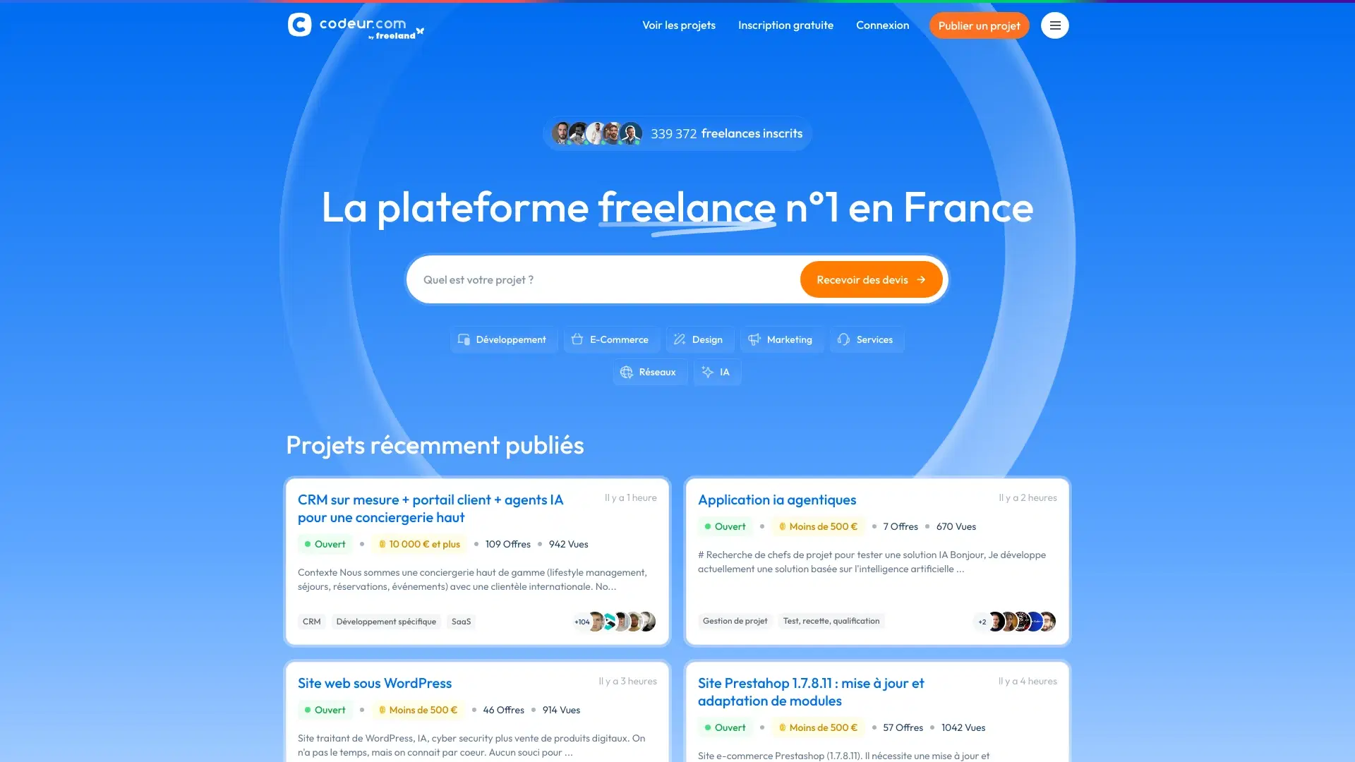 Page d'accueil de Codeur.com, plateforme d'appels d'offres freelance