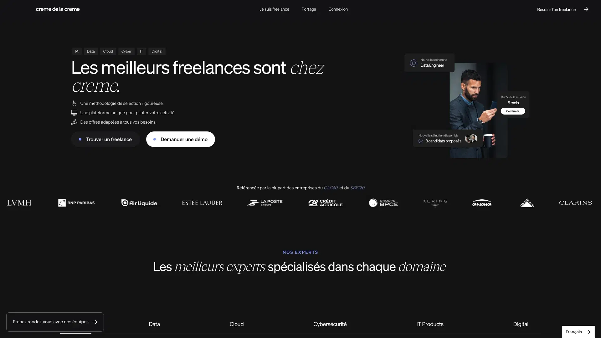 Page d'accueil de Crème de la Crème, plateforme freelance sélective