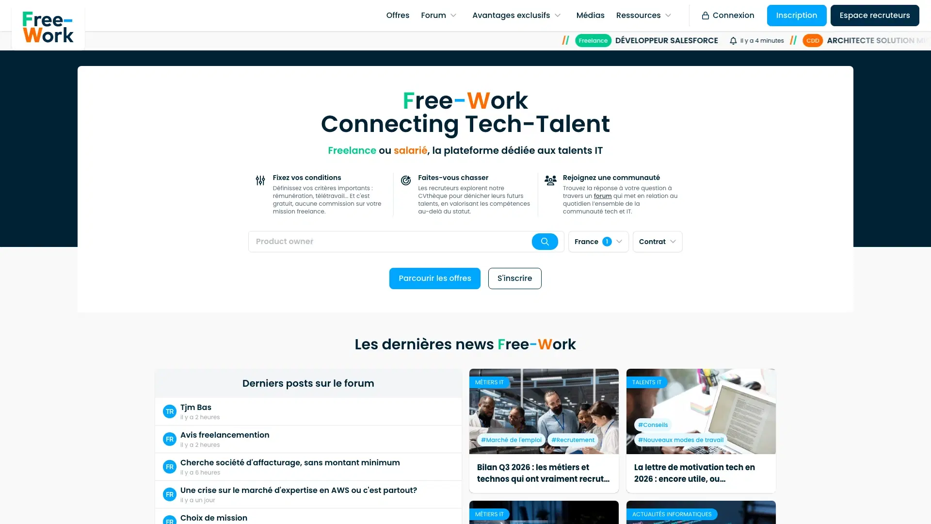 Page d'accueil de Free-Work, site de missions freelance IT