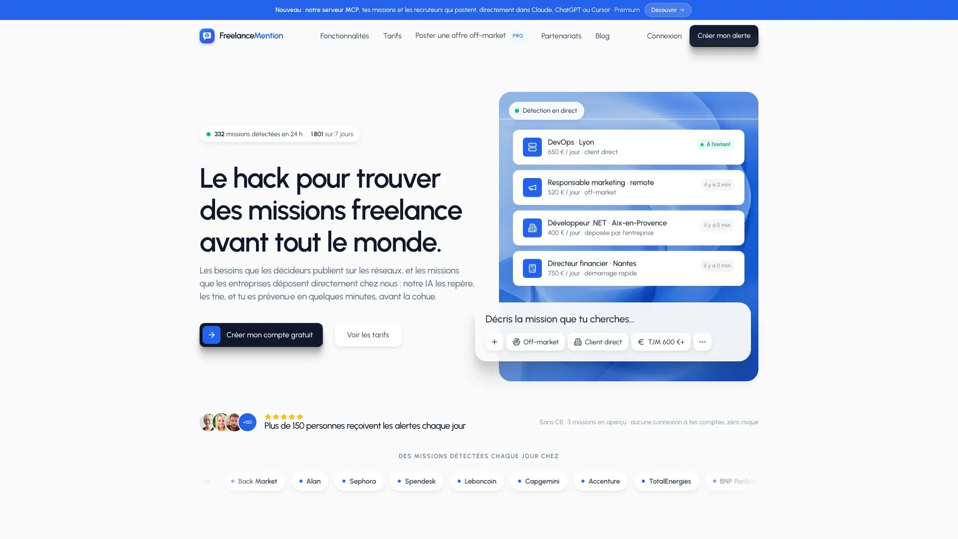 Page d'accueil de FreelanceMention, outil de détection des missions freelance off market sur LinkedIn