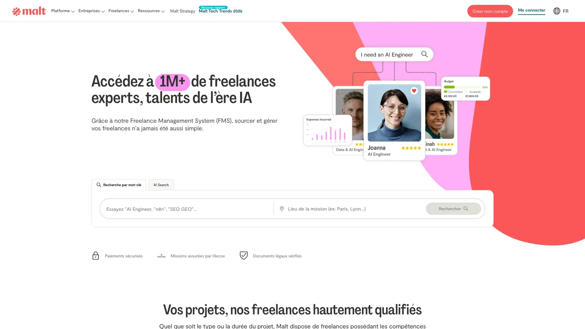 Page d'accueil de Malt, plateforme freelance généraliste