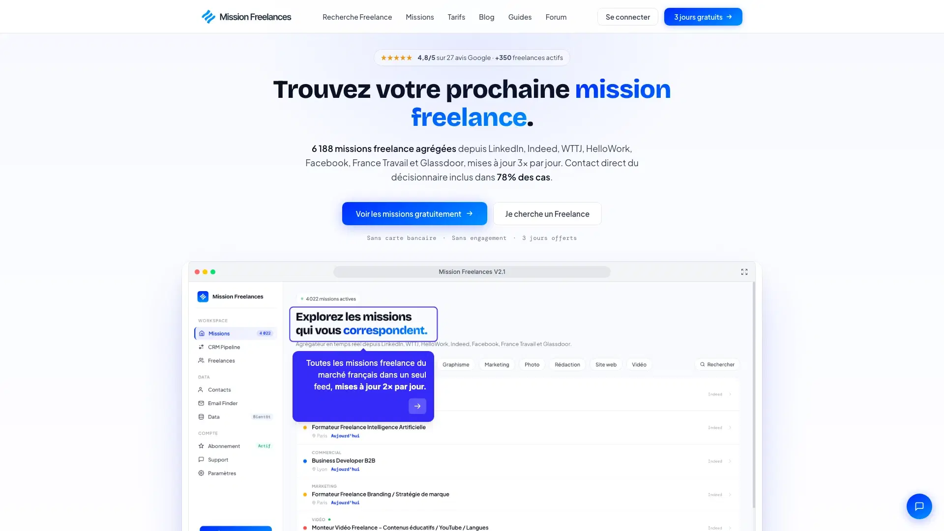 Page d'accueil de Mission-Freelances, agrégateur de missions freelance
