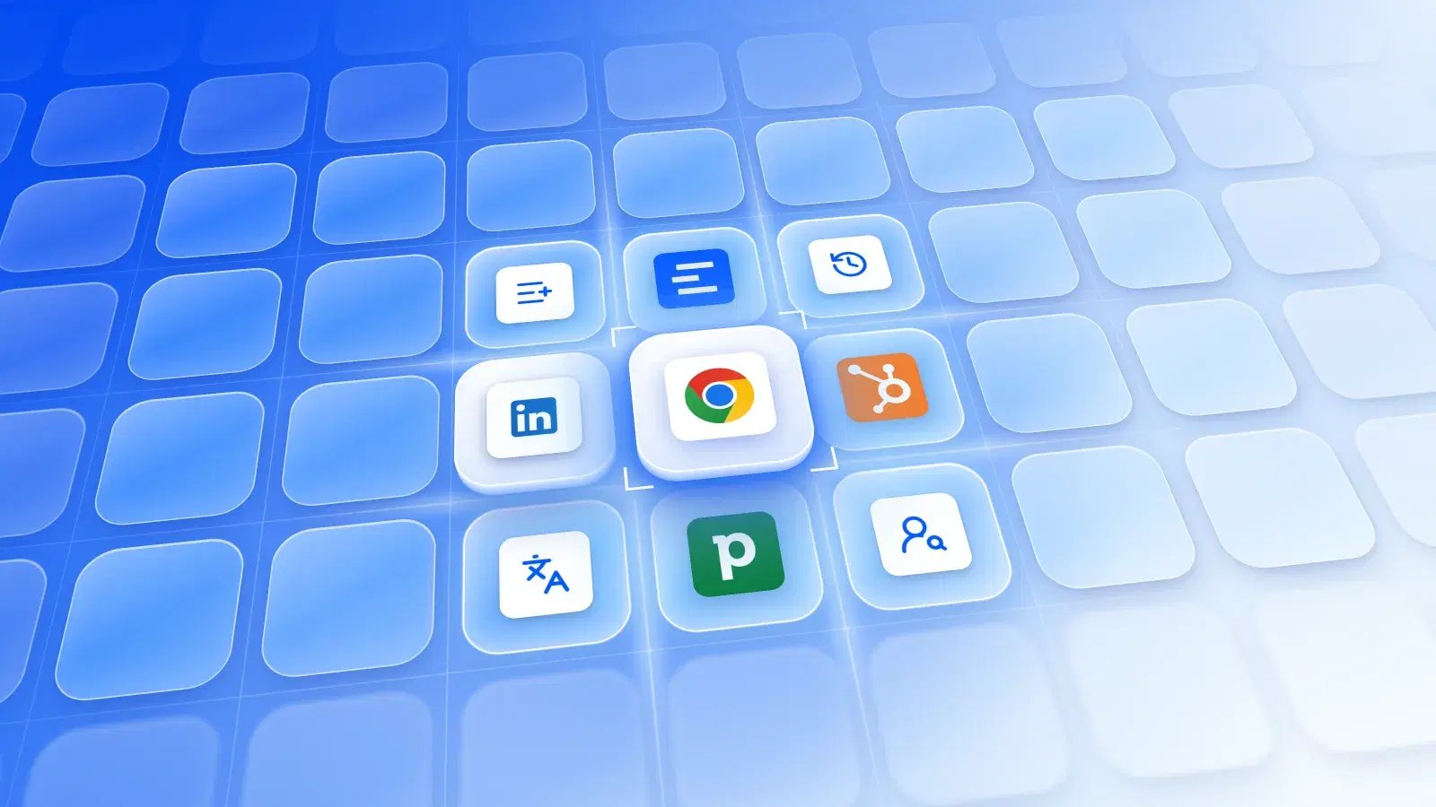 Le logo Chrome à côté de LinkedIn, entouré des logos HubSpot et Pipedrive