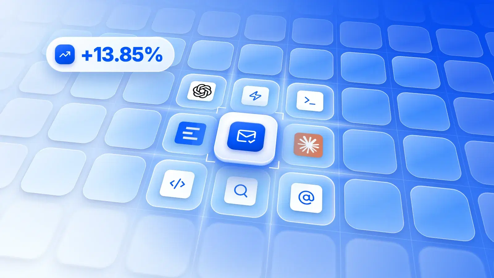 Une icône d'email entourée des logos Enrow, Claude et ChatGPT, avec un badge +13,85 %