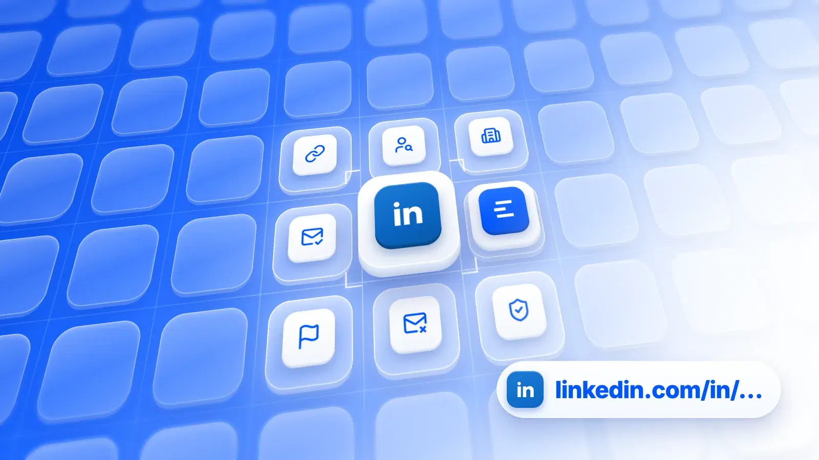 Le logo LinkedIn sur une tuile en relief, entouré d'icônes de lien, de profil, d'entreprise, d'email, de signalement et de rebond et du logo Enrow, avec une adresse linkedin.com/in/…