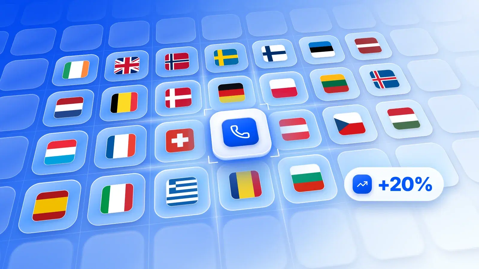 Une icône de téléphone entourée de drapeaux européens, avec un badge +20 %
