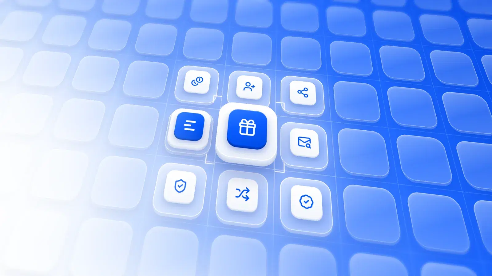 Une icône de cadeau sur une tuile en relief, entourée d'icônes de crédits, d'invitation et de partage, du logo Enrow et des icônes des outils gratuits