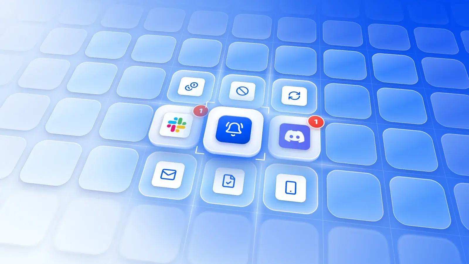Une cloche de notification entre les logos Slack et Discord, chacun affichant une nouvelle alerte